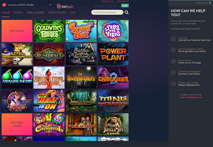 Help feature at Betspin online casino.