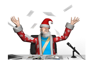 The King is in a festive mood, celebrating the season. Wearing a santa claus hat and throwing papers in the air.