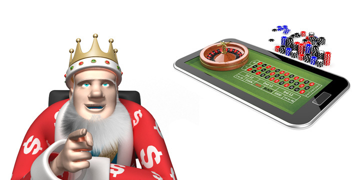 The King is making a point about online casinos sometimes being better than brick and mortar casino.  Image of an online roulette table is in the background