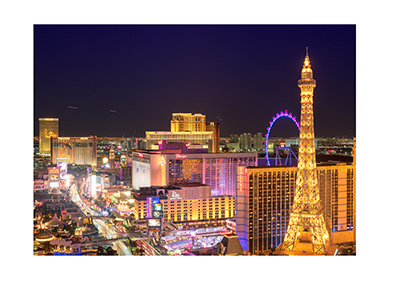Las Vegas at night. Birdseye view of the strip. The lights are on.