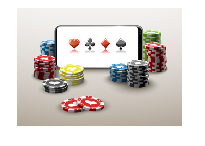 Online casino played on mobile phone. Illustration. Coins all around.