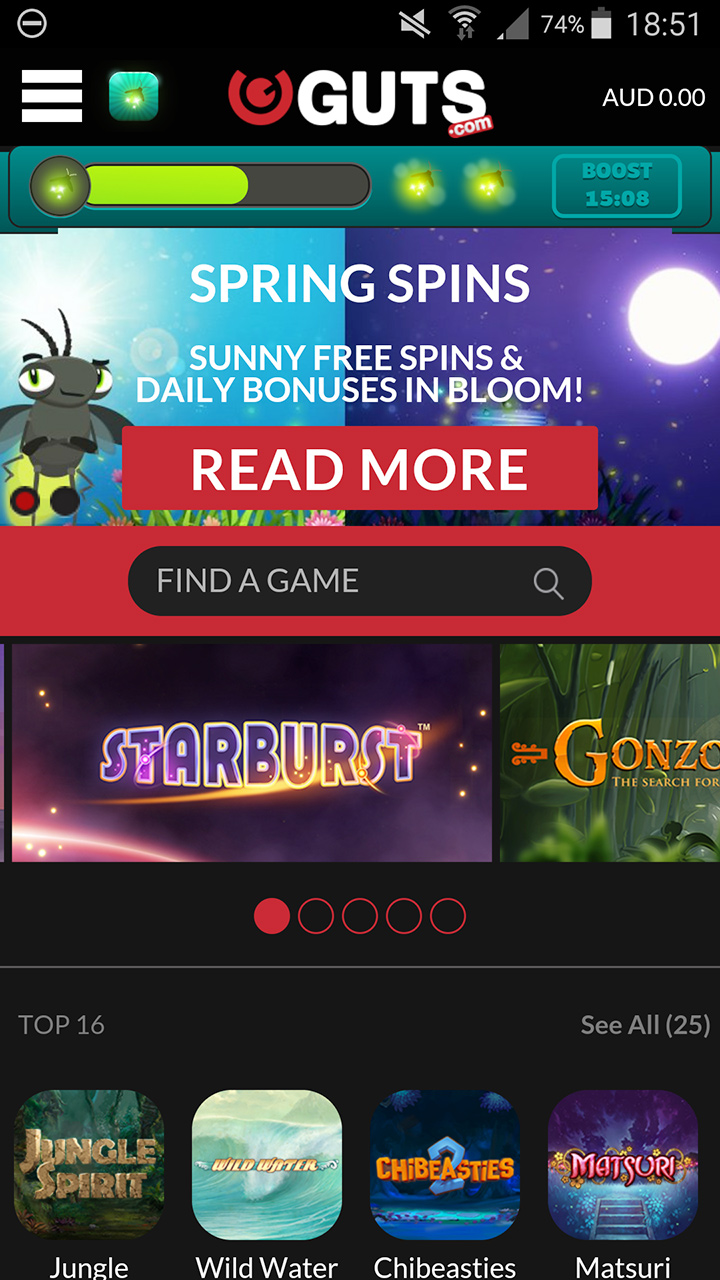 Die mobile Version des Guts Online Casino mit dem aktuellen Promo und verfügbaren Spielen.